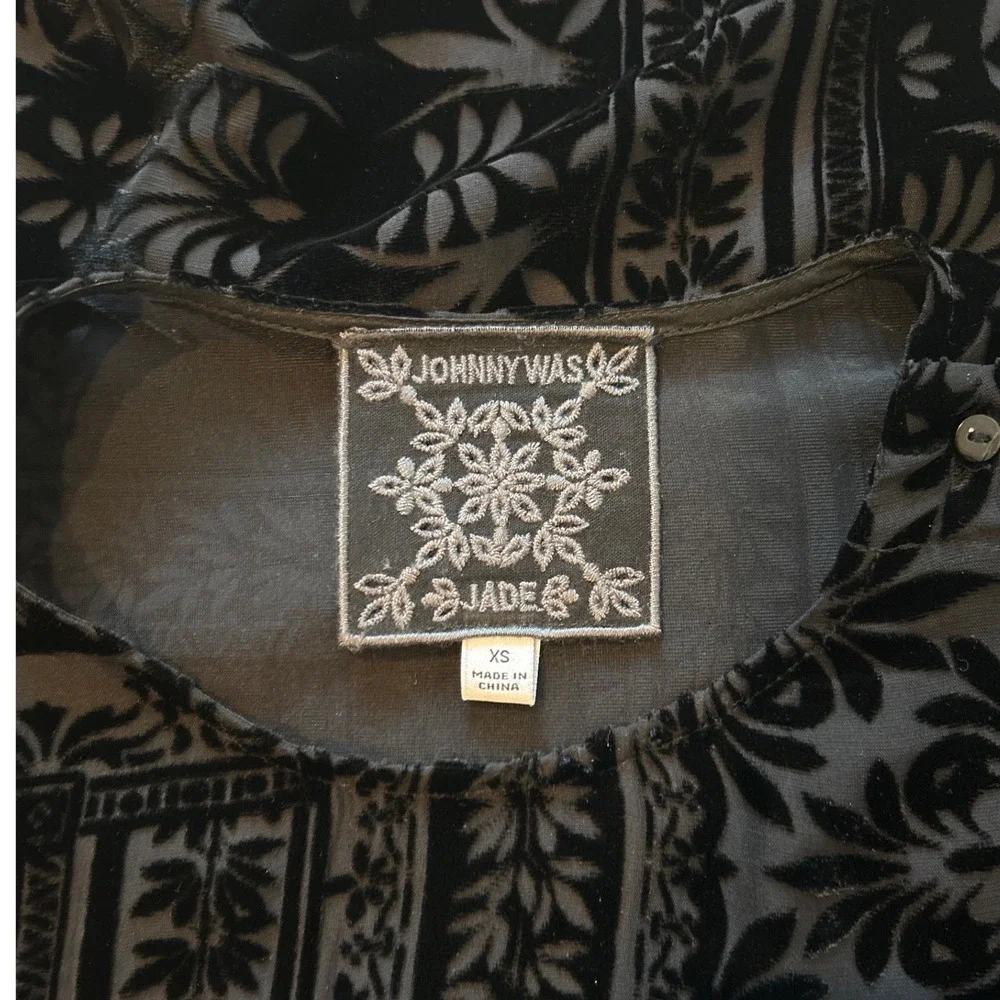 Johnny Was Amatan Ruched Velvet Blouse Black Silk Blend Burnout Sheer XS